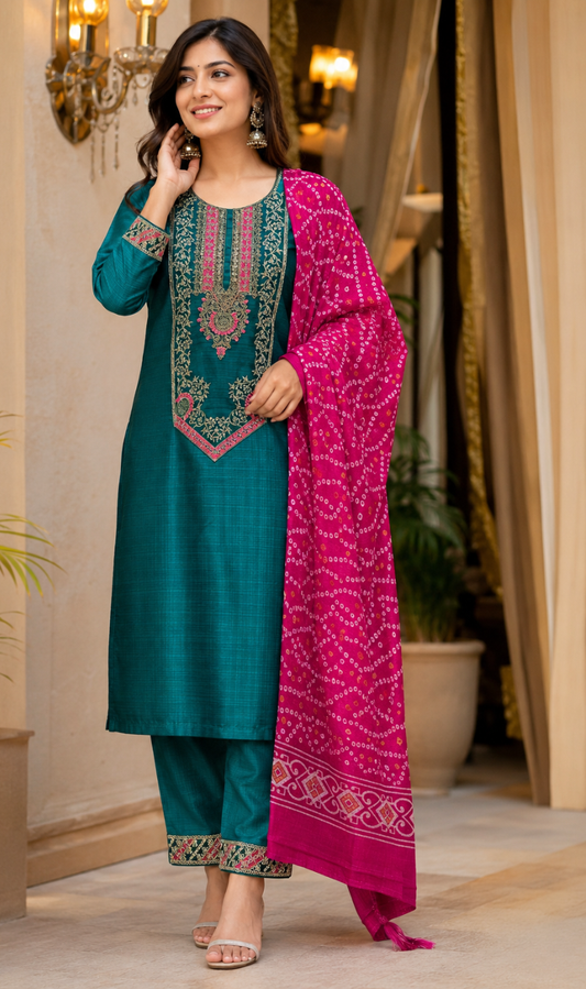 Teal Silk Blend Embroidered Kurta Pant and Dupatta Set