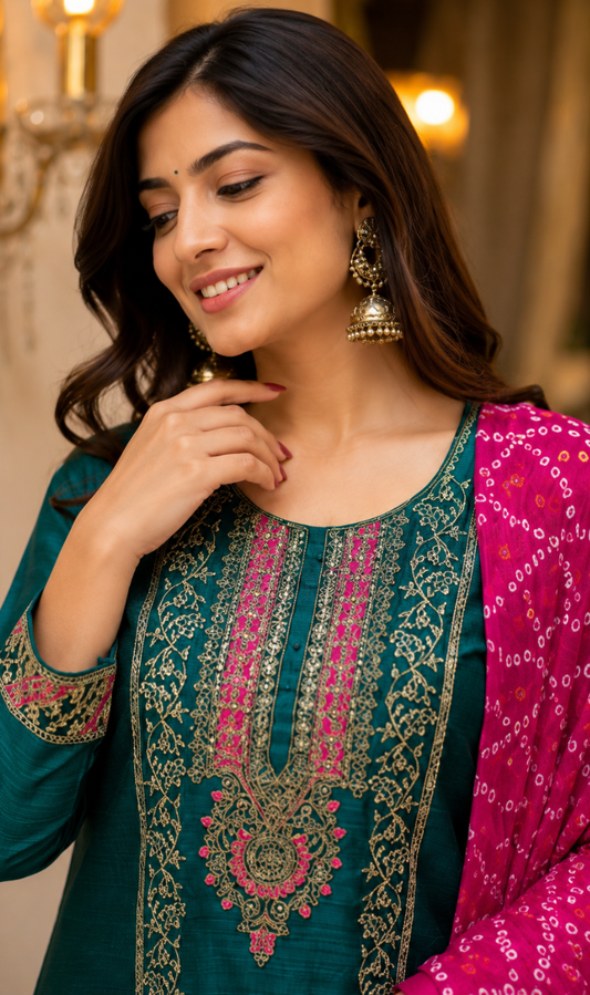 Teal Silk Blend Embroidered Kurta Pant and Dupatta Set