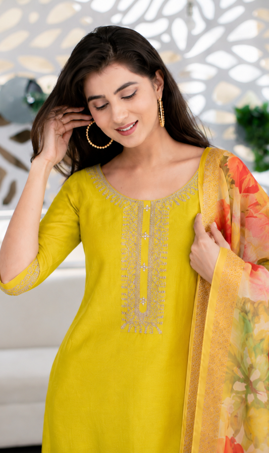 Yellow Cotton Blend Embroidered Kurta Pant and Dupatta Set