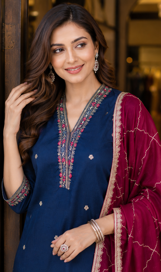 Teal Silk Blend Embroidered Kurta Pant and Dupatta Set