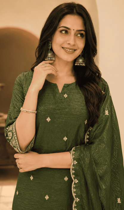 Green Silk Blend Embroidered Kurta Palazzo Dupatta Set