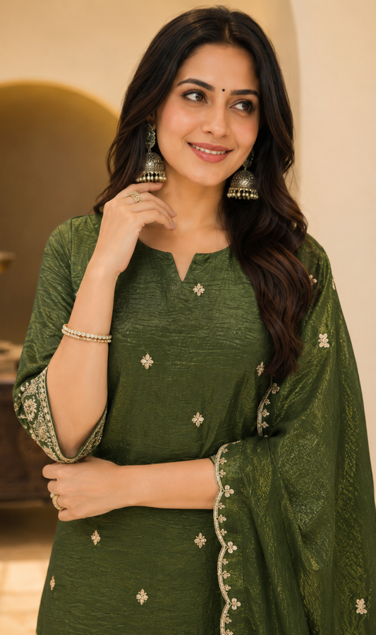 Green Silk Blend Embroidered Kurta Palazzo Dupatta Set