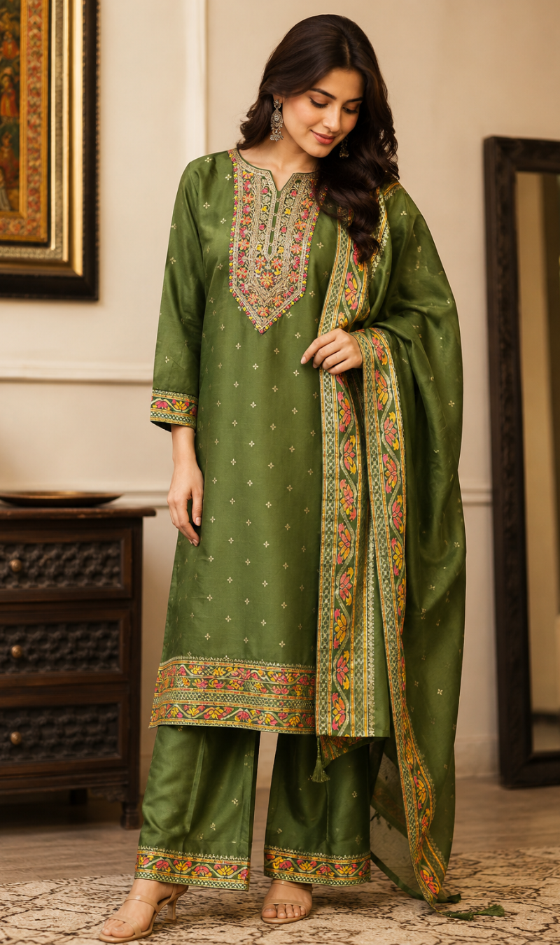 Mehendi Green Cotton Silk Embroidered Kurta Pant and Dupatta Set