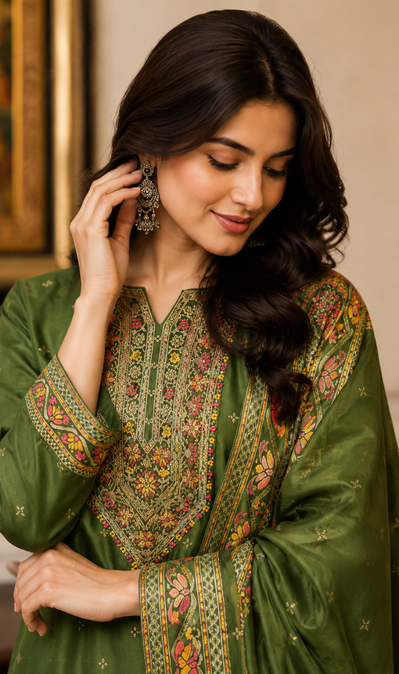 Mehendi Green Cotton Silk Embroidered Kurta Pant and Dupatta Set