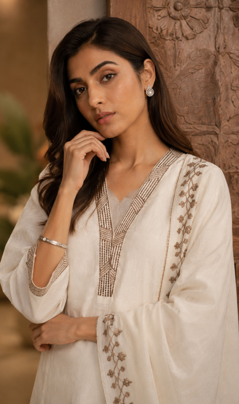 White Silk Blend Embroidered Kurta Pant and Dupatta Set