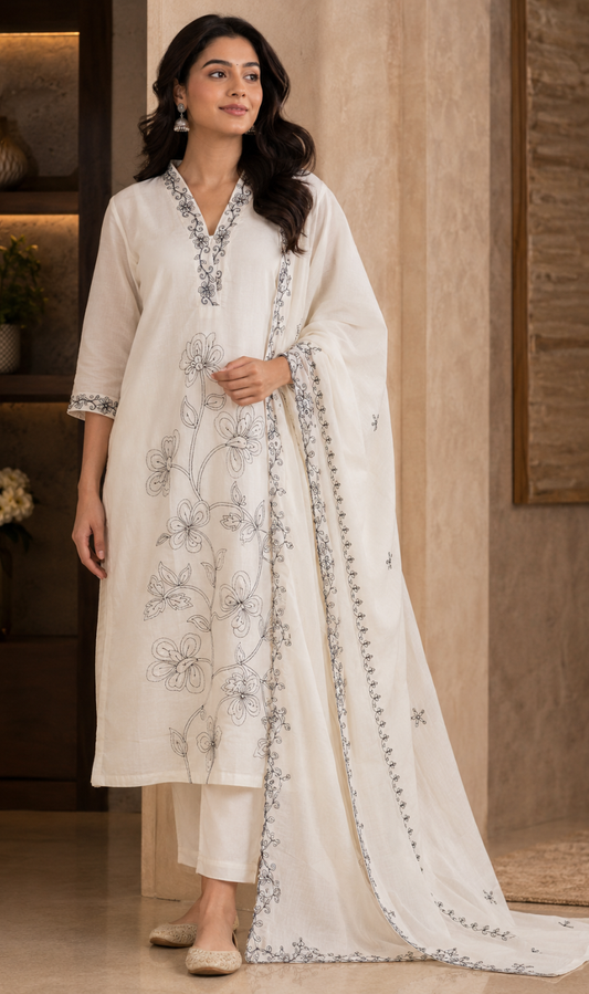 Off White Silk Blend Embroidered Kurta Pant and Dupatta Set