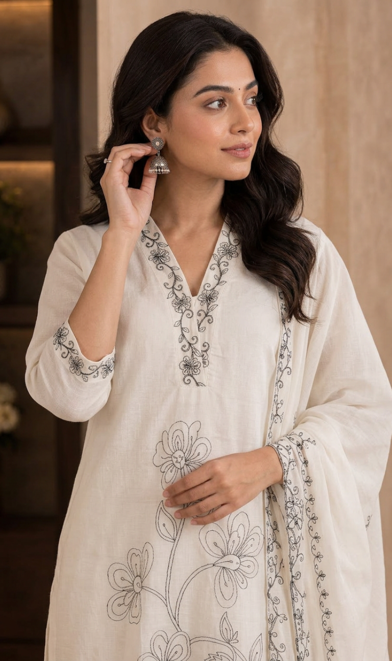 Off White Silk Blend Embroidered Kurta Pant and Dupatta Set