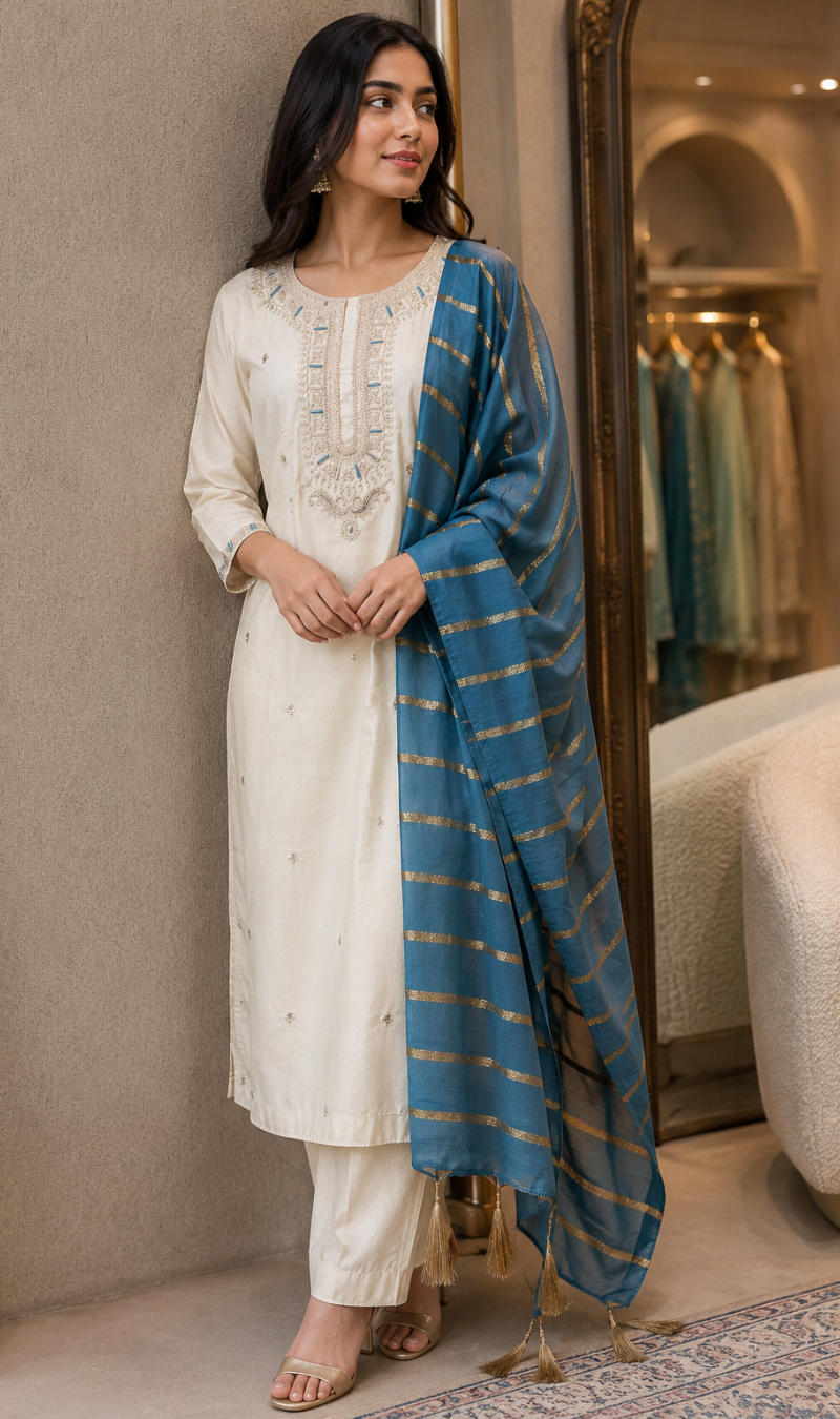 Cream Silk Blend Embroidered Kurta Pant and Dupatta Set