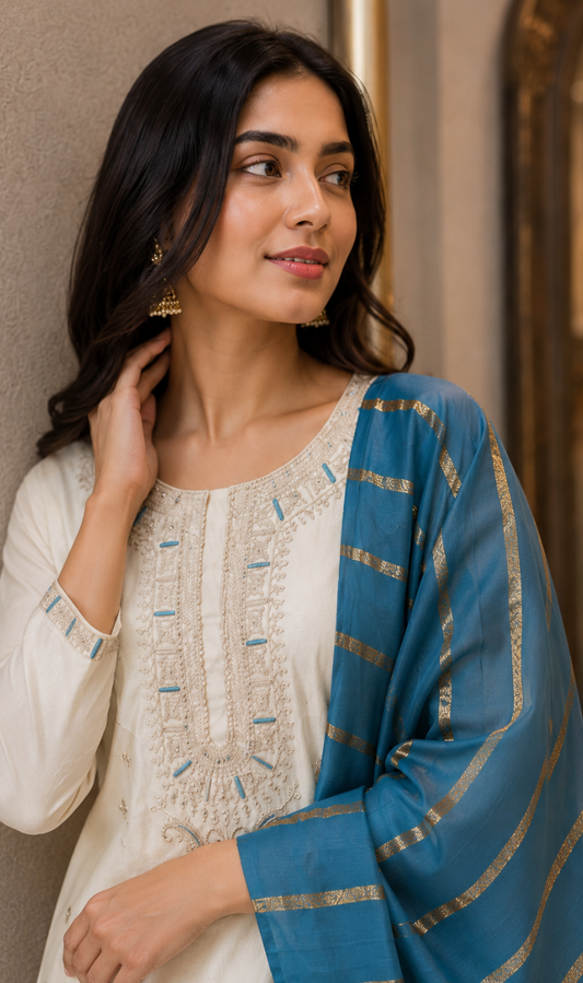 Cream Silk Blend Embroidered Kurta Pant and Dupatta Set