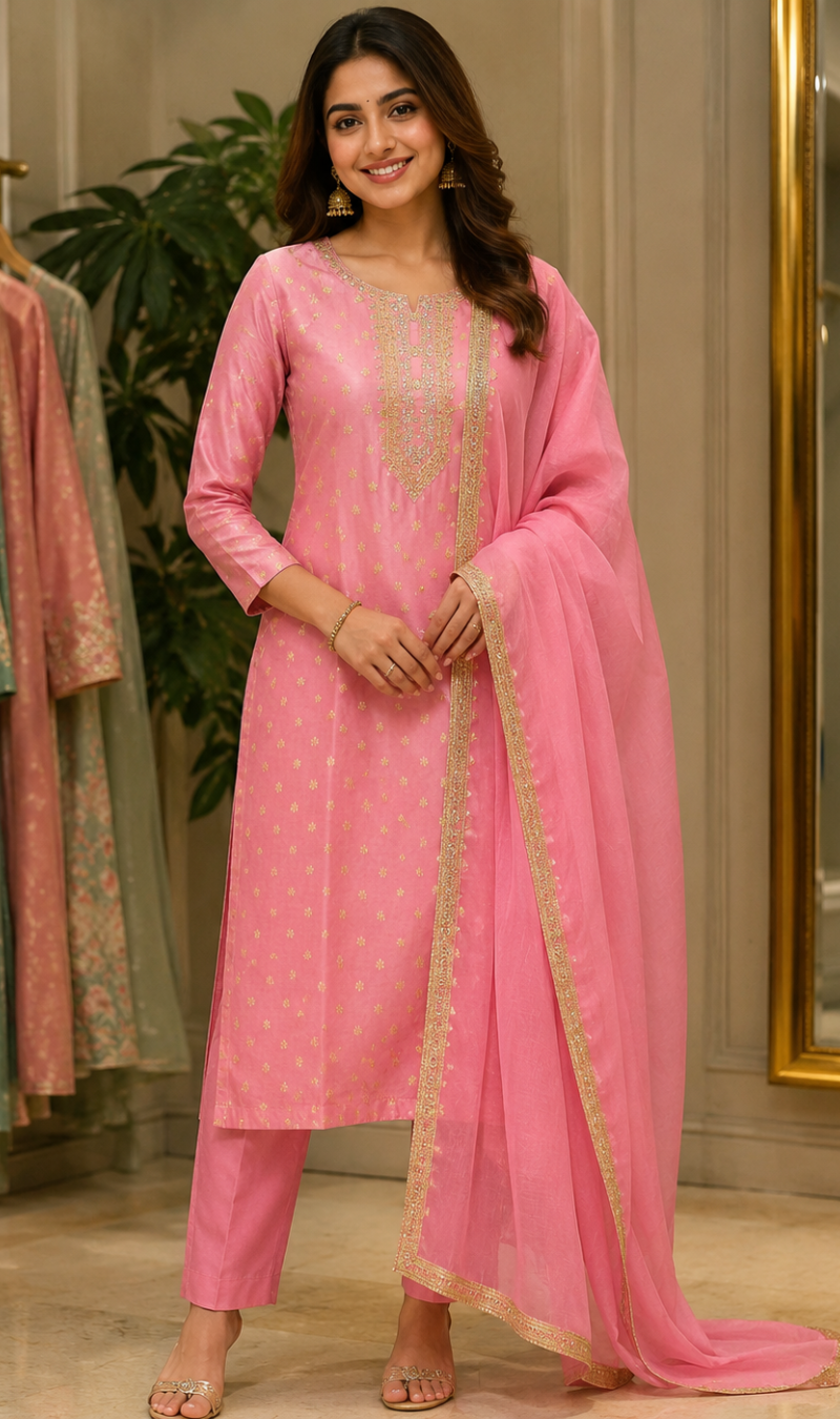 Pink Chanderi Silk Embroidered Kurta Pant and Dupatta Set
