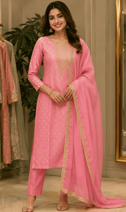 Pink Chanderi Silk Embroidered Kurta Pant and Dupatta Set