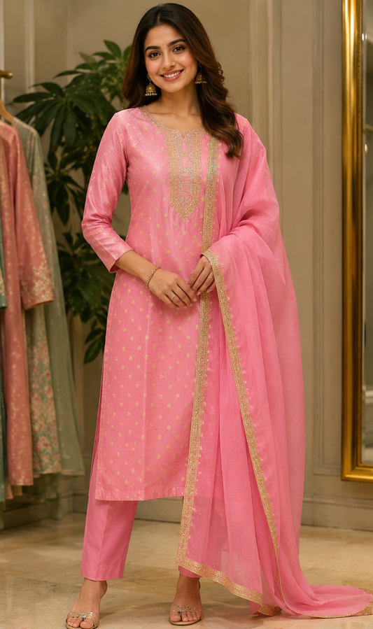 Pink Chanderi Silk Embroidered Kurta Pant and Dupatta Set