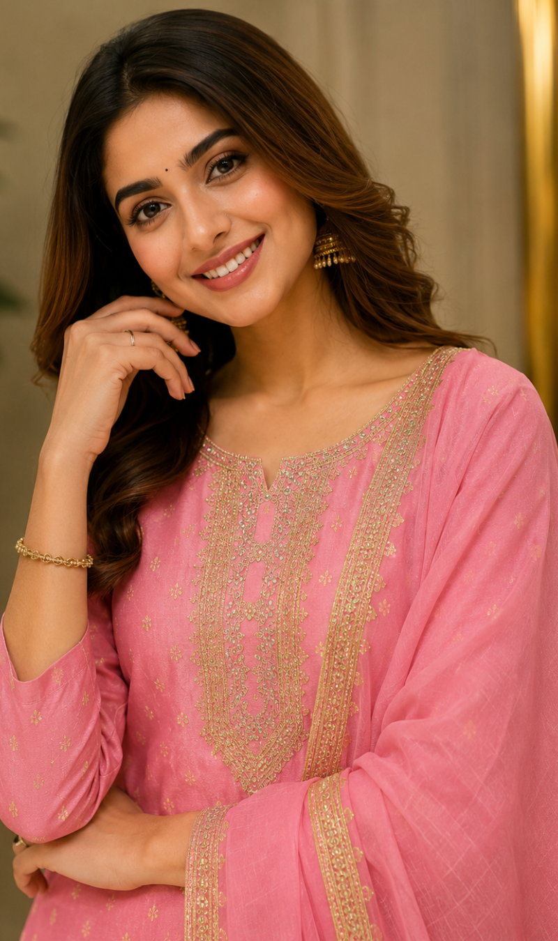 Pink Chanderi Silk Embroidered Kurta Pant and Dupatta Set