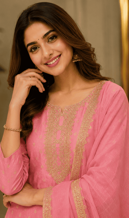 Pink Chanderi Silk Embroidered Kurta Pant and Dupatta Set