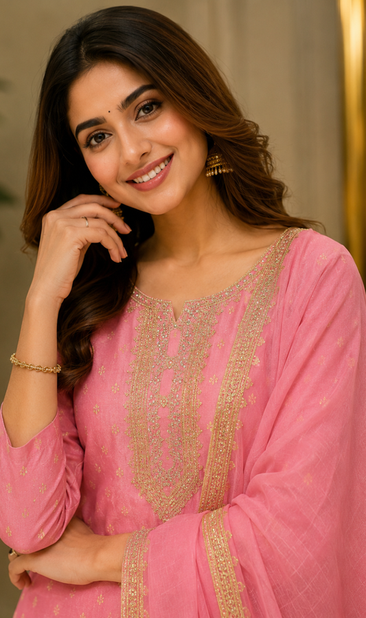 Pink Chanderi Silk Embroidered Kurta Pant and Dupatta Set