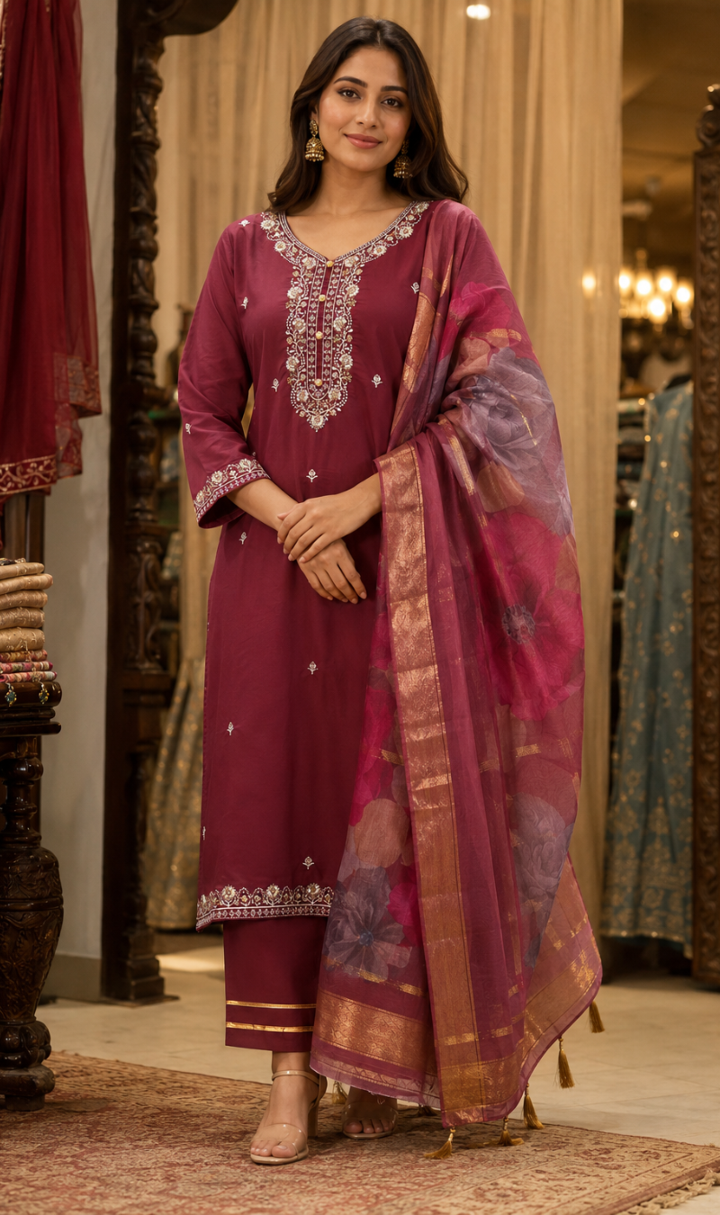 Purple Viscose Roman Silk Embroidered Kurta Pant and Dupatta Set
