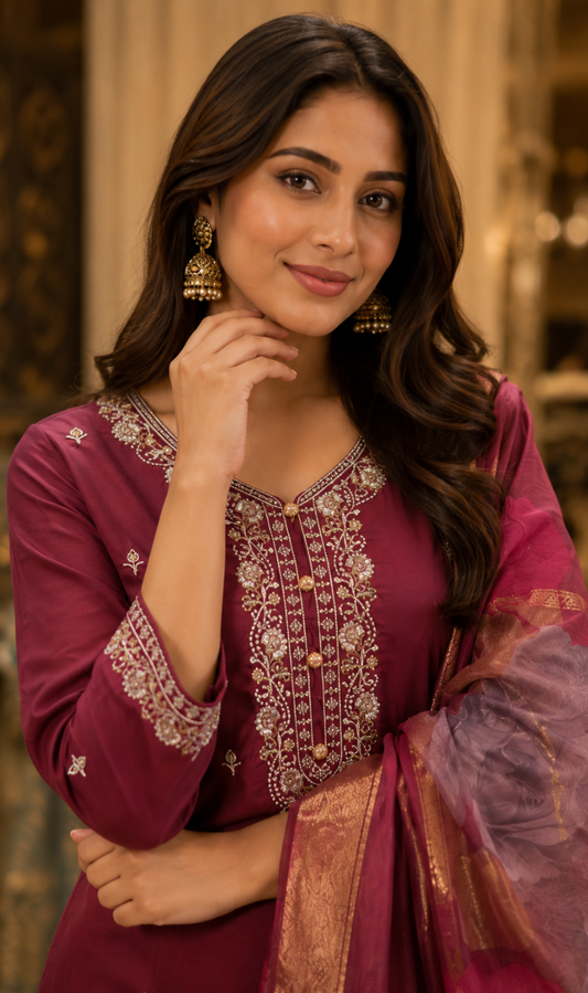 Purple Viscose Roman Silk Embroidered Kurta Pant and Dupatta Set
