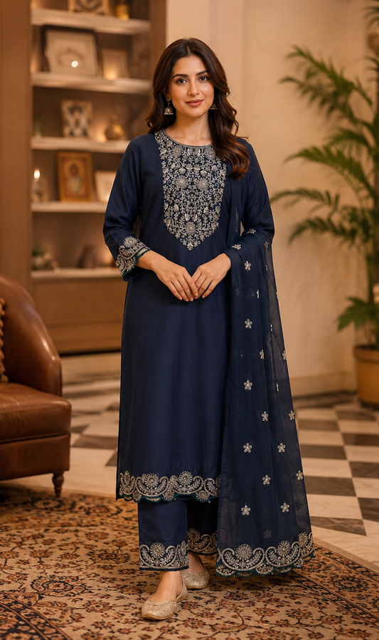 Teal Silk Blend Embroidered Kurta Pant and Dupatta Set