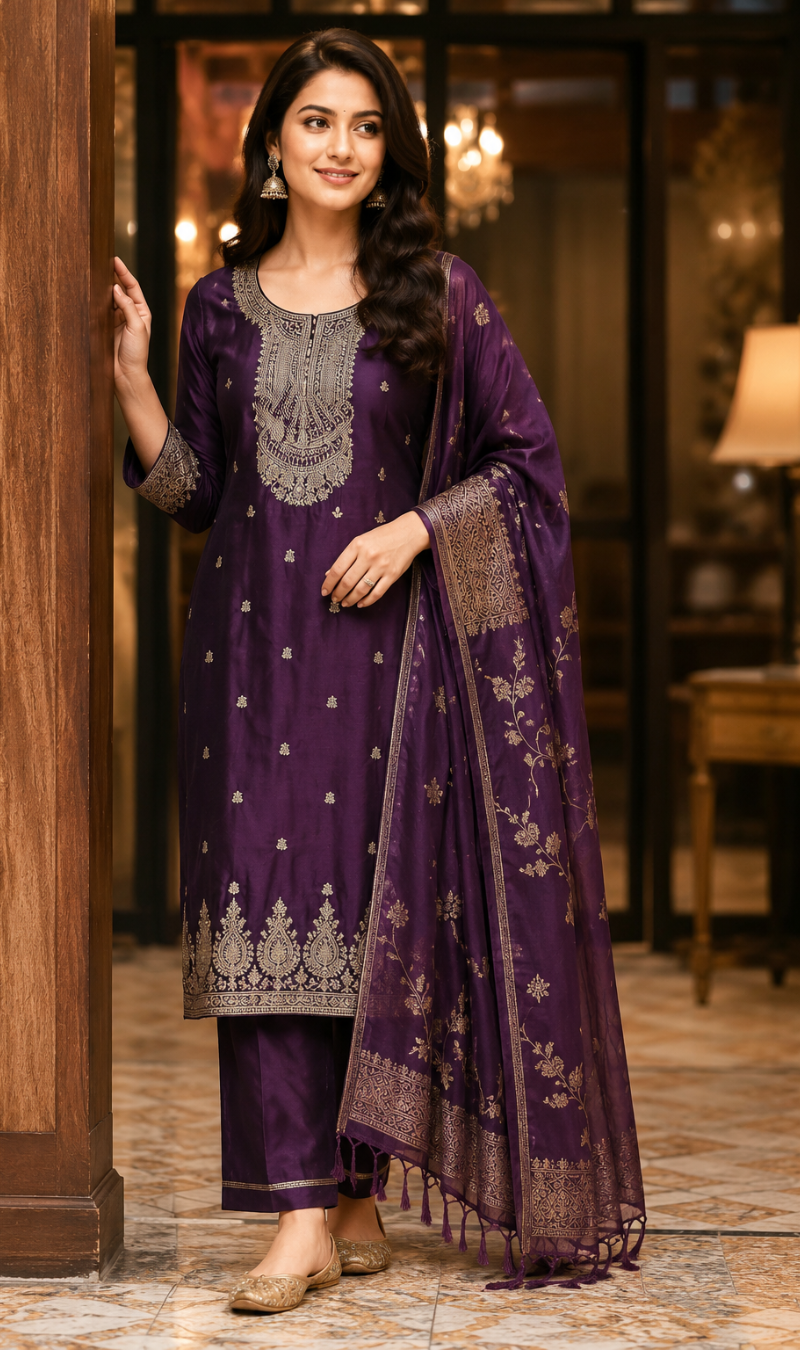 Wine Cotton Silk Blend Kurta Pant and Dupatta Set