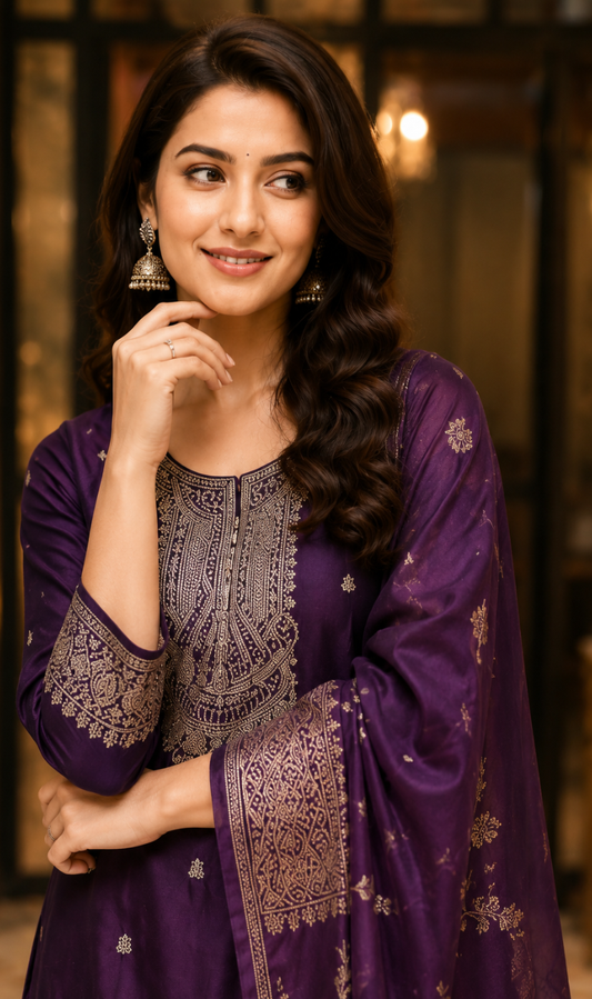 Wine Cotton Silk Blend Kurta Pant and Dupatta Set