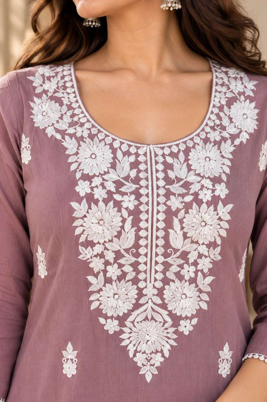Lilac Mul Chanderi Embroidered Kurta Pant Set