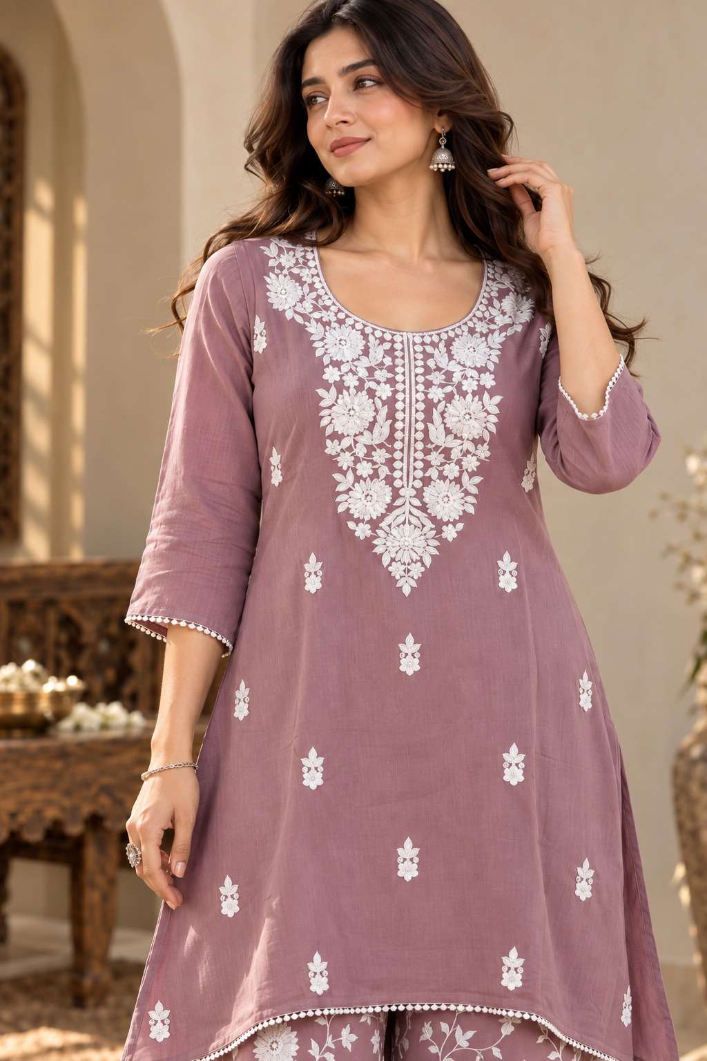Lilac Mul Chanderi Embroidered Kurta Pant Set