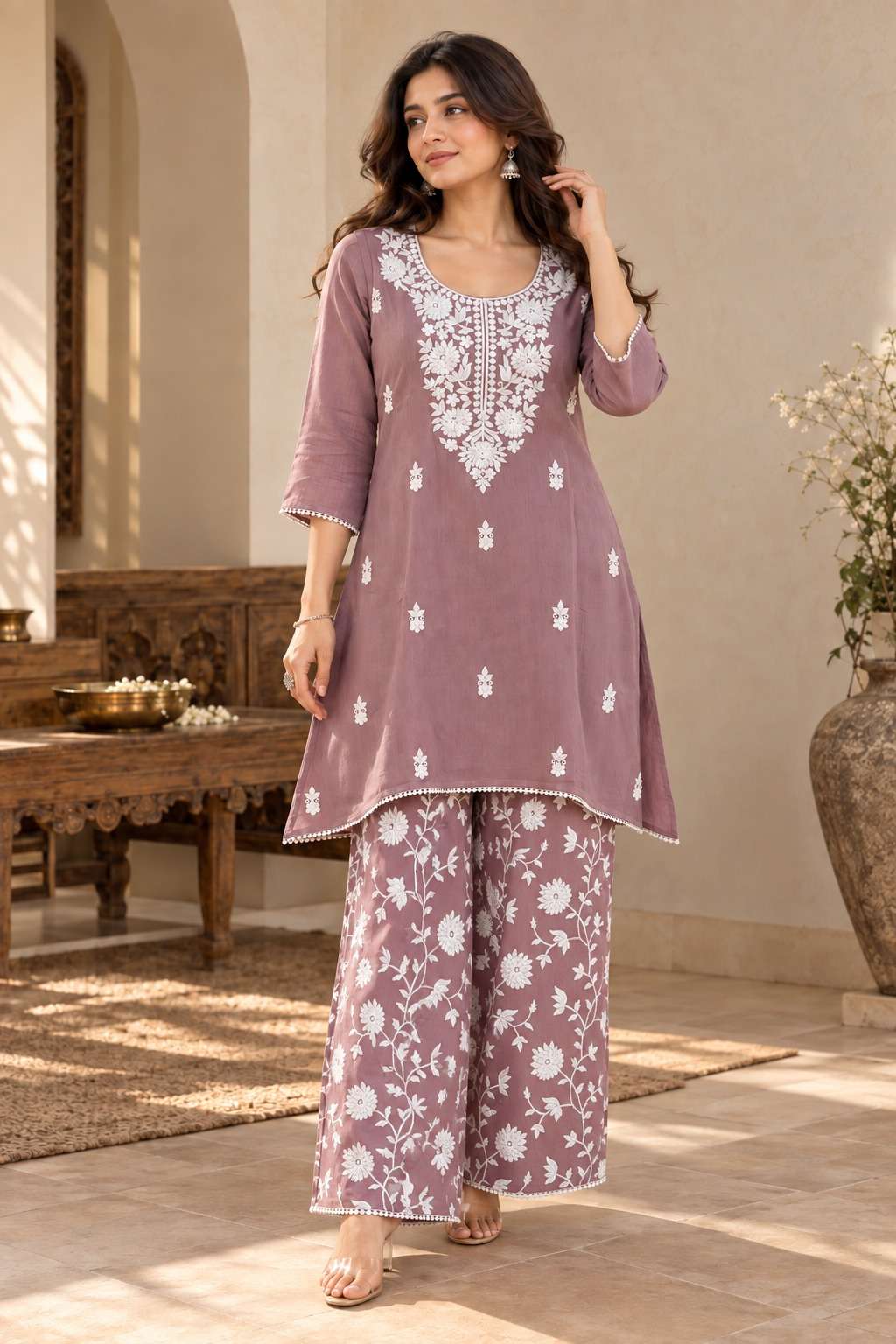 Lilac Mul Chanderi Embroidered Kurta Pant Set