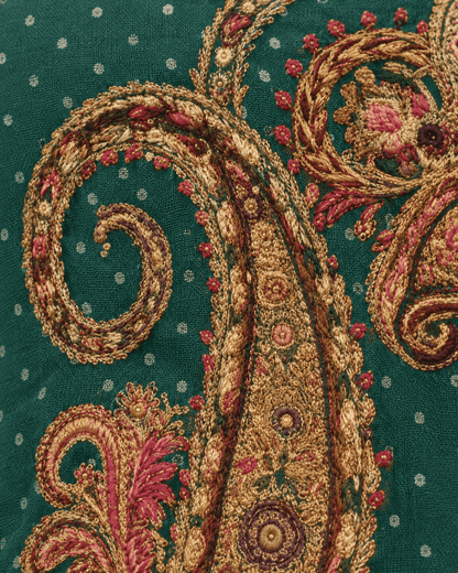 Unstitched Emerald-Teal Satin Suit Enhanced With Mirror Applique And Floral Threadwork