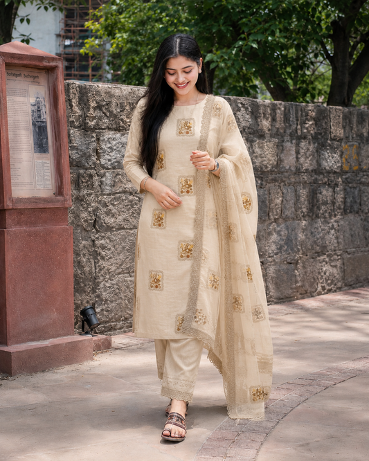 Unstitched Soft Beige Linen-Rayon Suit With Subtle Faded Floral Prints For An Understated, Elegant Look