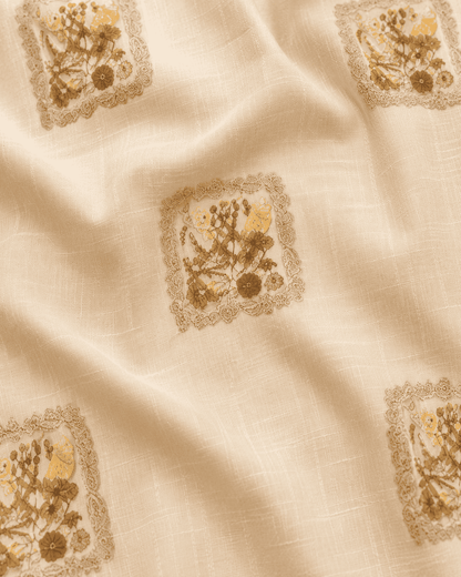 Unstitched Soft Beige Linen-Rayon Suit With Subtle Faded Floral Prints For An Understated, Elegant Look
