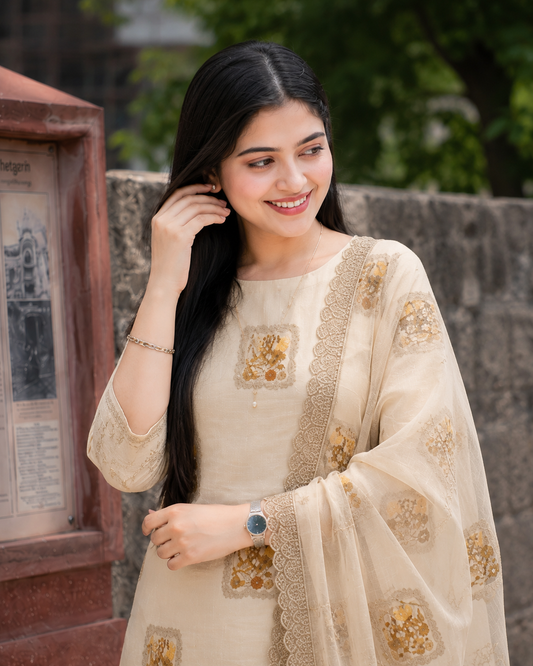 Unstitched Soft Beige Linen-Rayon Suit With Subtle Faded Floral Prints For An Understated, Elegant Look