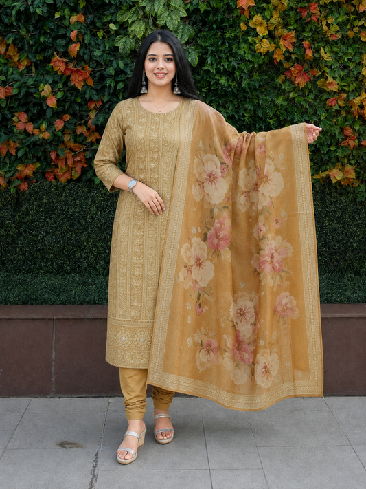 Unstitched Mustard Gold Embroidered Soft Georgette Suit Featuring Intricate Threadwork And Sequin Floral Motifs