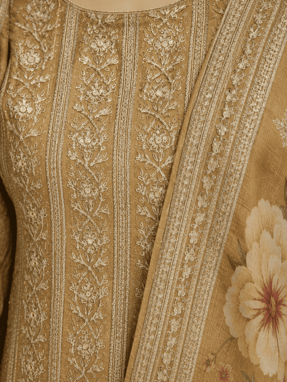 Unstitched Mustard Gold Embroidered Soft Georgette Suit Featuring Intricate Threadwork And Sequin Floral Motifs