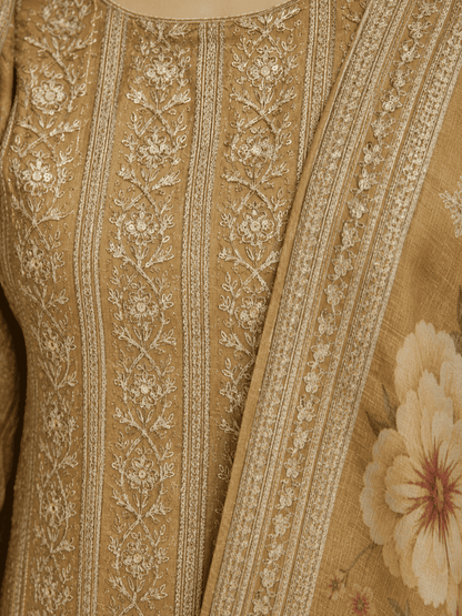 Unstitched Mustard Gold Embroidered Soft Georgette Suit Featuring Intricate Threadwork And Sequin Floral Motifs