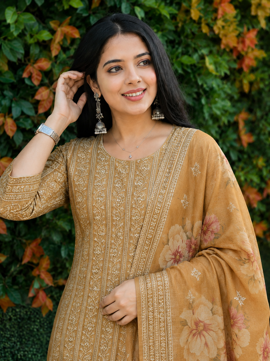 Unstitched Mustard Gold Embroidered Soft Georgette Suit Featuring Intricate Threadwork And Sequin Floral Motifs