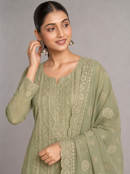 Unstitched Pastel Pistachio Green Chiffon Suit With Intricate Ivory Threadwork And Subtle Sequin Sparkle