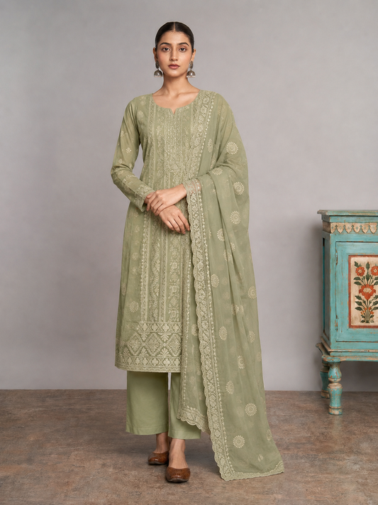 Unstitched Pastel Pistachio Green Chiffon Suit With Intricate Ivory Threadwork And Subtle Sequin Sparkle