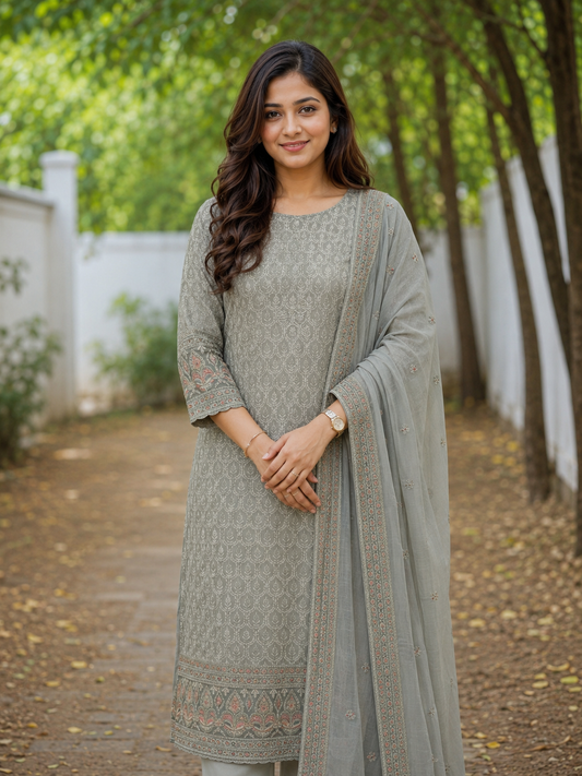 Unstitched Soft Dove-Grey Georgette Suit With Ivory Thread Embroidery And Subtle Sequin Highlights