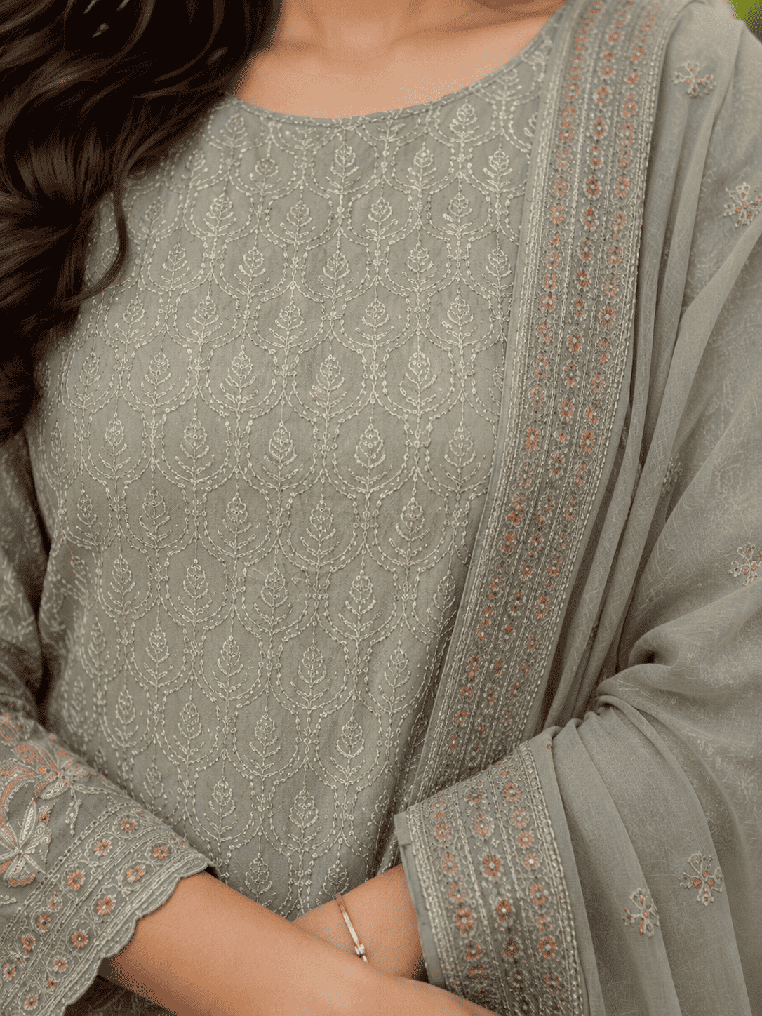 Unstitched Soft Dove-Grey Georgette Suit With Ivory Thread Embroidery And Subtle Sequin Highlights