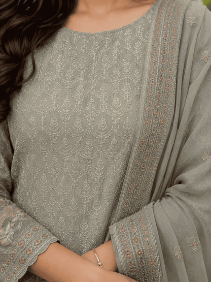 Unstitched Soft Dove-Grey Georgette Suit With Ivory Thread Embroidery And Subtle Sequin Highlights