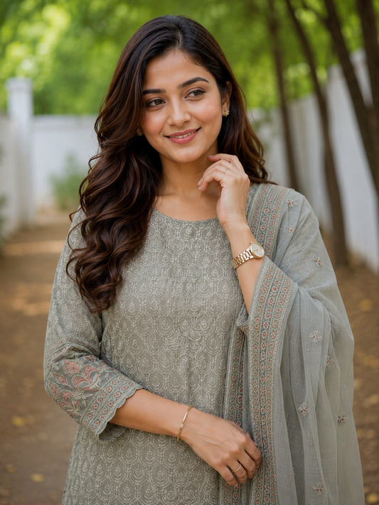 Unstitched Soft Dove-Grey Georgette Suit With Ivory Thread Embroidery And Subtle Sequin Highlights