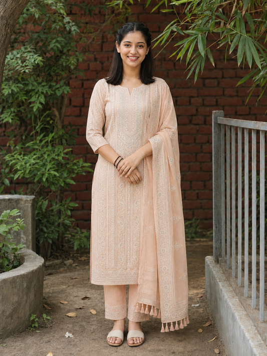 Unstitched Soft Peach Georgette Suit With Ivory Resham Embroidery And Subtle Sequin Highlights