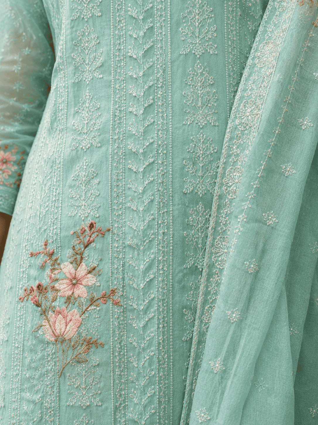 Unstitched Soft Aqua Blue Chiffon Suit With Tonal Thread Embroidery And Subtle Floral Digital Print Highlights