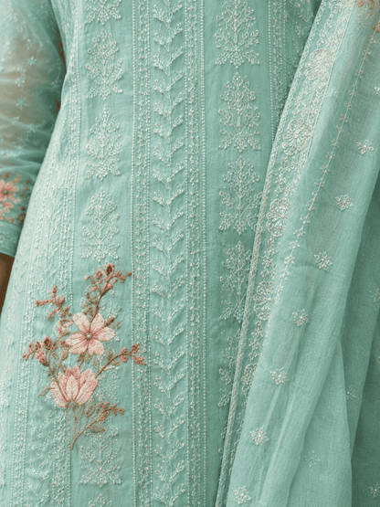Unstitched Soft Aqua Blue Chiffon Suit With Tonal Thread Embroidery And Subtle Floral Digital Print Highlights
