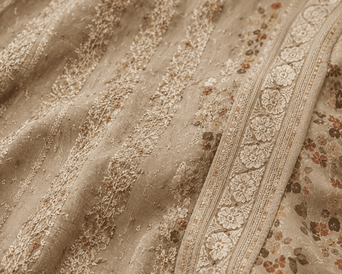 Beige Unstitched Multicoloured Embroidery And Mirror-Sequin Textured Chiffon Suit Set With Dupatta