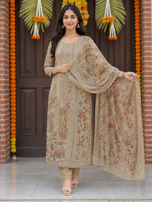 Beige Unstitched Multicoloured Embroidery And Mirror-Sequin Textured Chiffon Suit Set With Dupatta