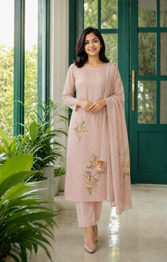 Pastel Lavender Unstitched Chiffon Suit Set With Dupatta Adorned With Floral Threadwork