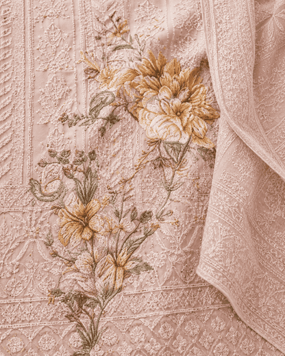 Pastel Lavender Unstitched Chiffon Suit Set With Dupatta Adorned With Floral Threadwork