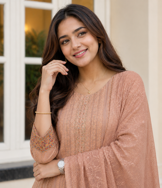 Dusty Rose Unstitched Textured Jacquard Chiffon With Resham And Sequin Work Suit Set With Dupatta