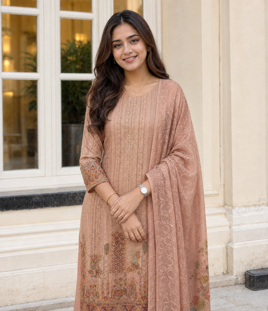 Dusty Rose Unstitched Textured Jacquard Chiffon With Resham And Sequin Work Suit Set With Dupatta